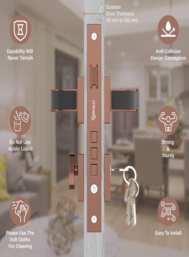 GRIVAN Premium Heavy Duty Door Locks for Main Door, Mortise Door Lock Set with 3 Brass Keys, Bedroom Door Lock, Handle Lock for Home/Office/Hotel (Rose Gold, Black Finish) | 2 Years Warranty - Image 3